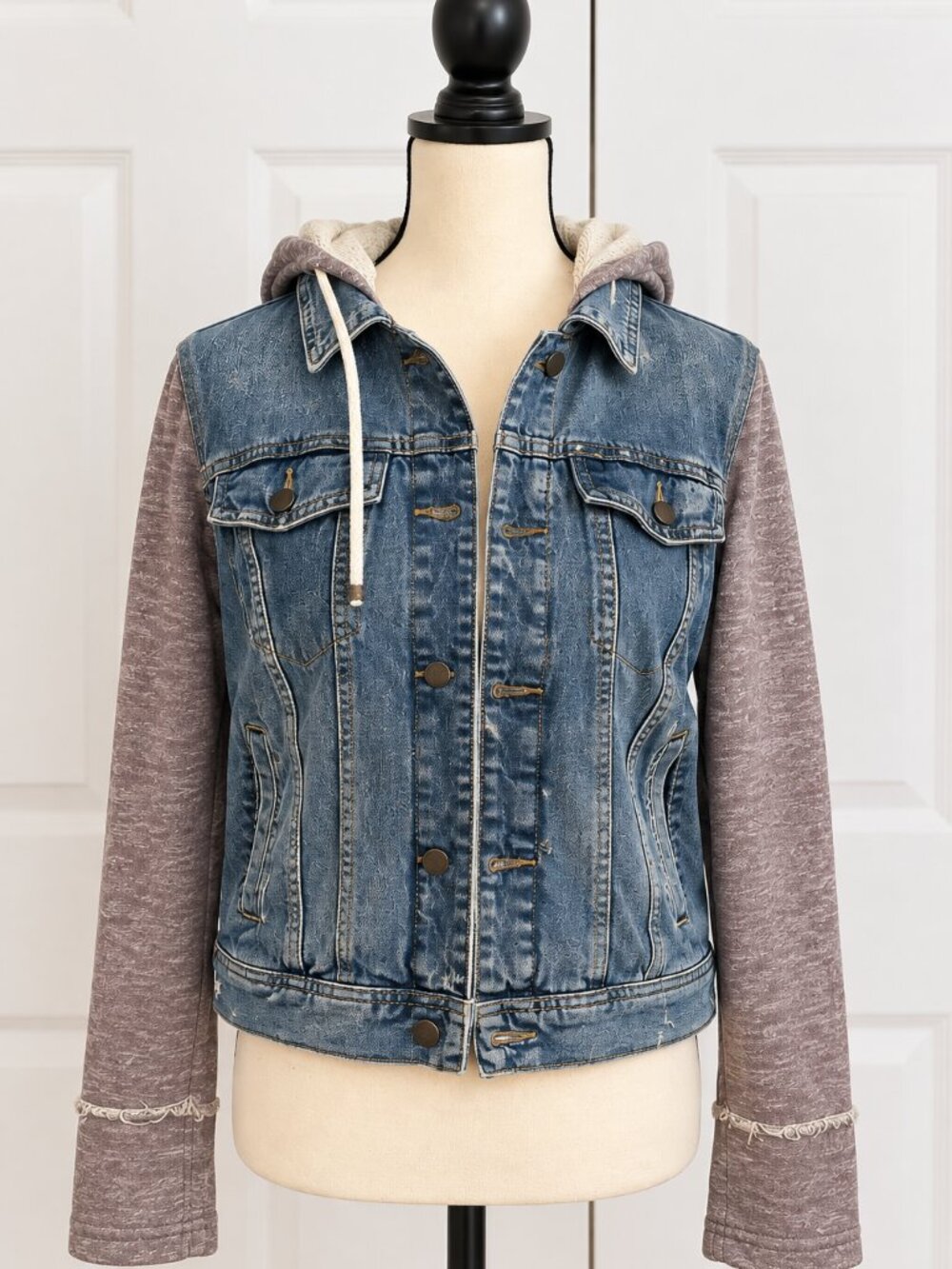 Free People Hooded Denim Jacket - Mixed Media Knit Sleeves Distressed Boho – Sz.